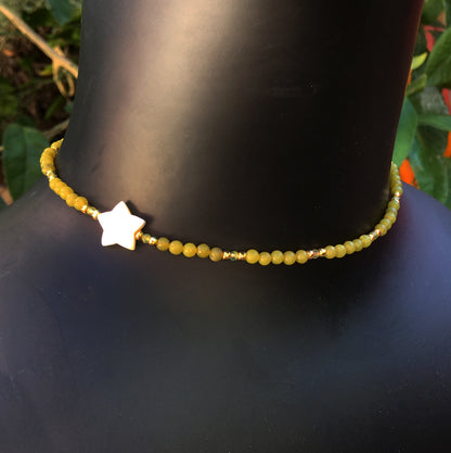 Women's Olive Jade Gemstone with Mother of Pearl Star Choker Necklace