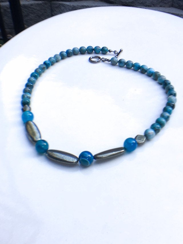 Men’s Pyrite gemstone & Striped Blue Agate Gemstone Necklace