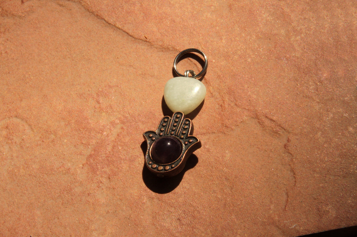 New Jade Gemstone Pet Charm with Red Copper Hamsa