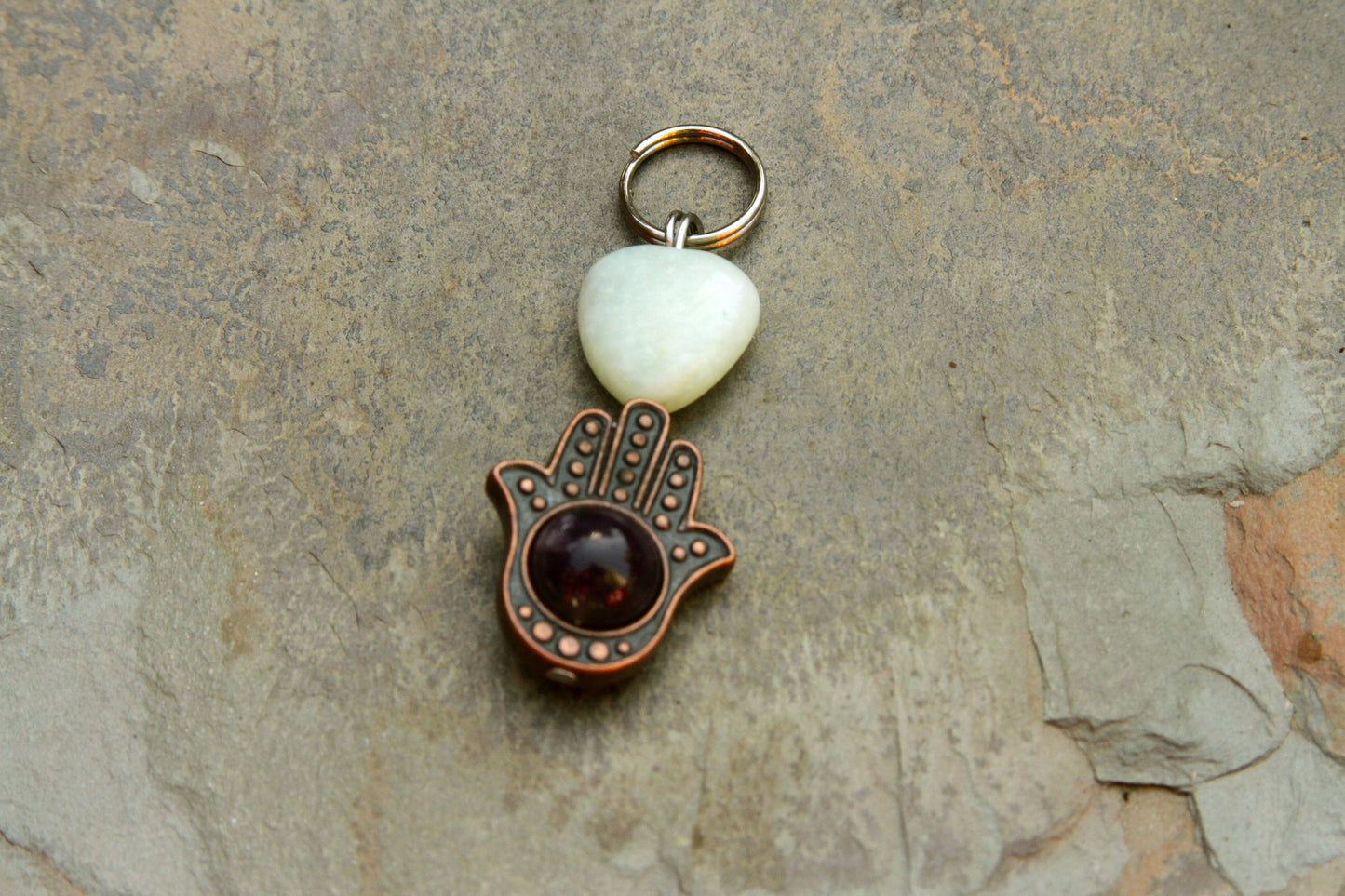 New Jade Gemstone Pet Charm with Red Copper Hamsa