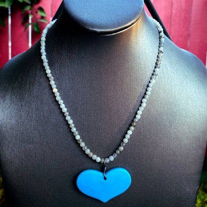 Howlite Heart and White Labradorite Gemstone Necklace