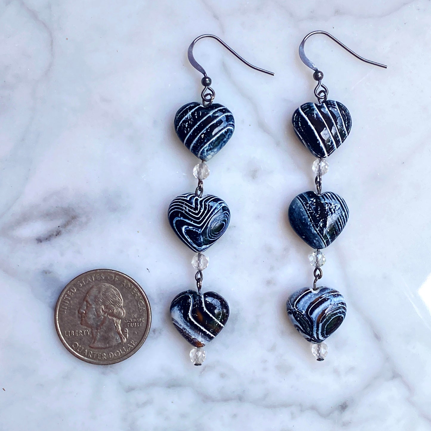 Zebra Fire Agate Heart, White Topaz Gemstones and Oxidized sterling earrings