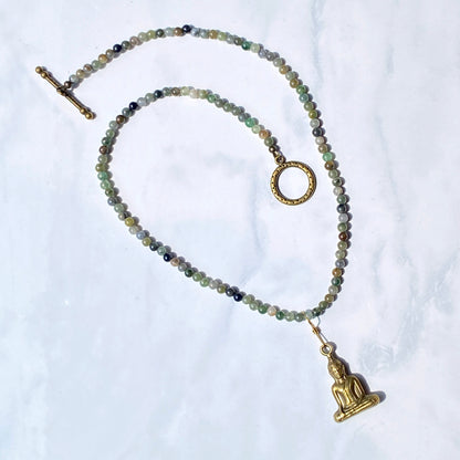 Moss agate gemstones and brass Buddha pendant necklace