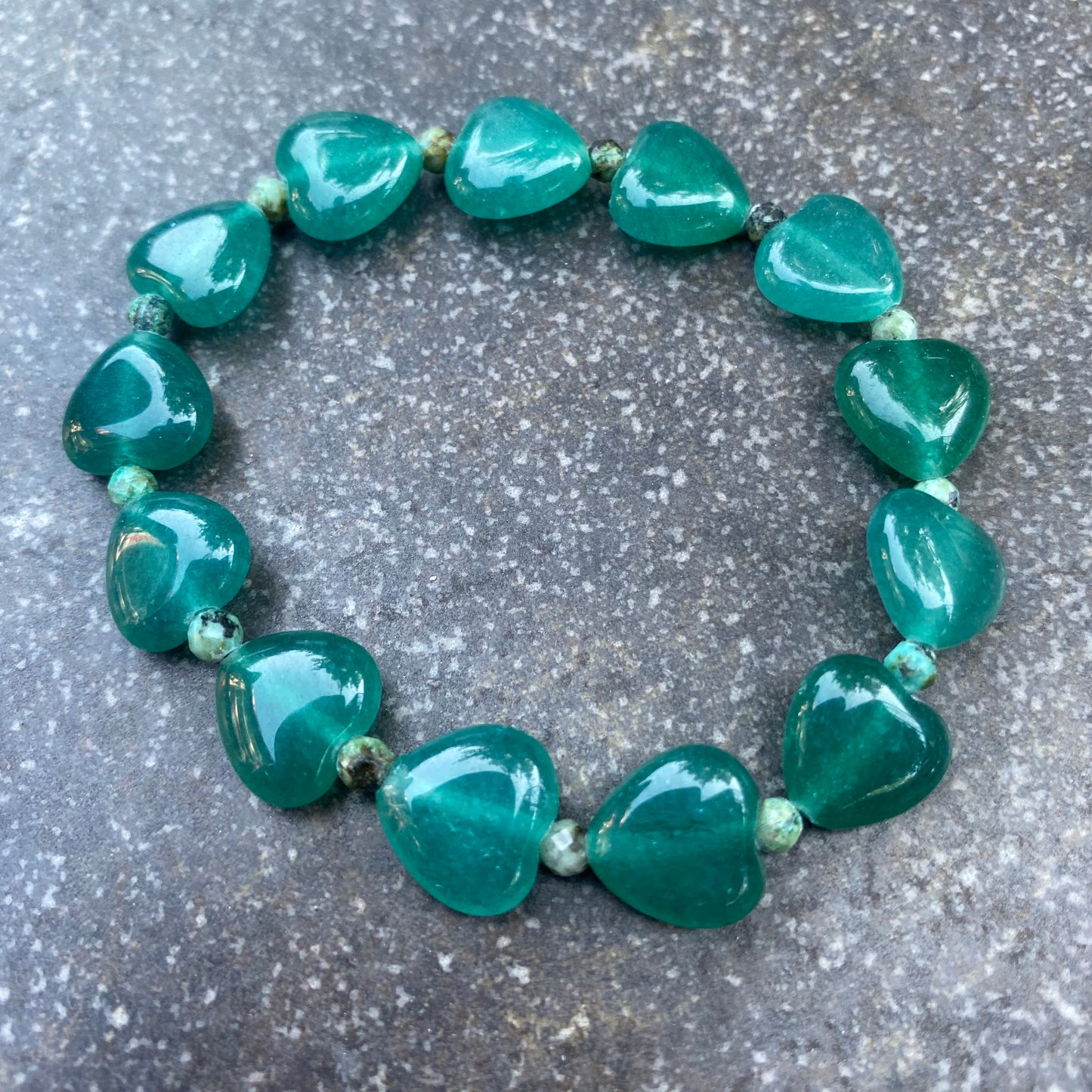 Green Onyx Hearts and Turquoise Stretch Bracelet