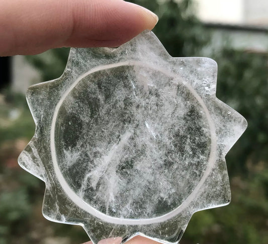 Natural Clear Quartz gemstone Hand Carved Sun