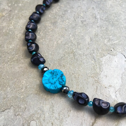 Women's genuine Black Diamond, Howlite, apatite and Howlite Skull necklace