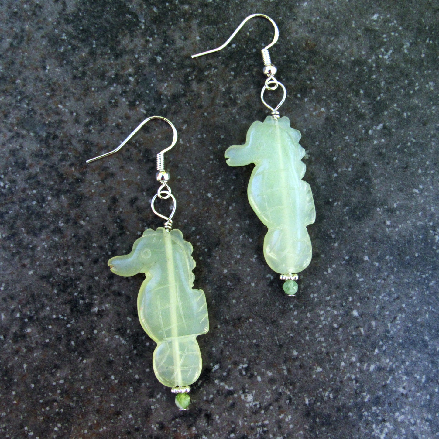 New Jade Gemstone Seahorse and Apatite w/ Sterling Silver Drop Earrings