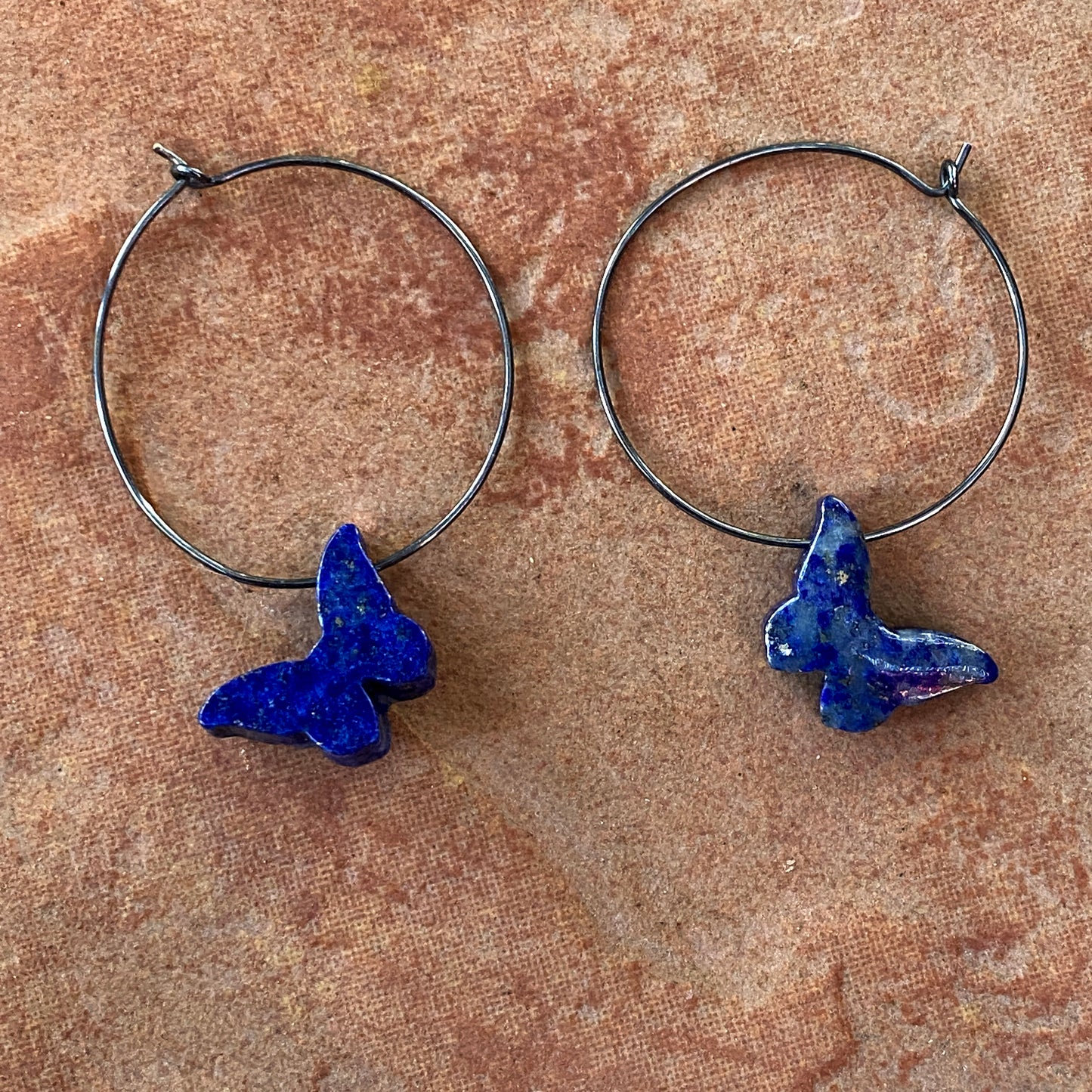 Oxidized Sterling silver hoops with Lapis Lazuli Gemstone butterflies