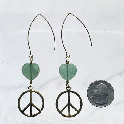 Brass Peace Sign and Green Aventurine gemstone heart earrings