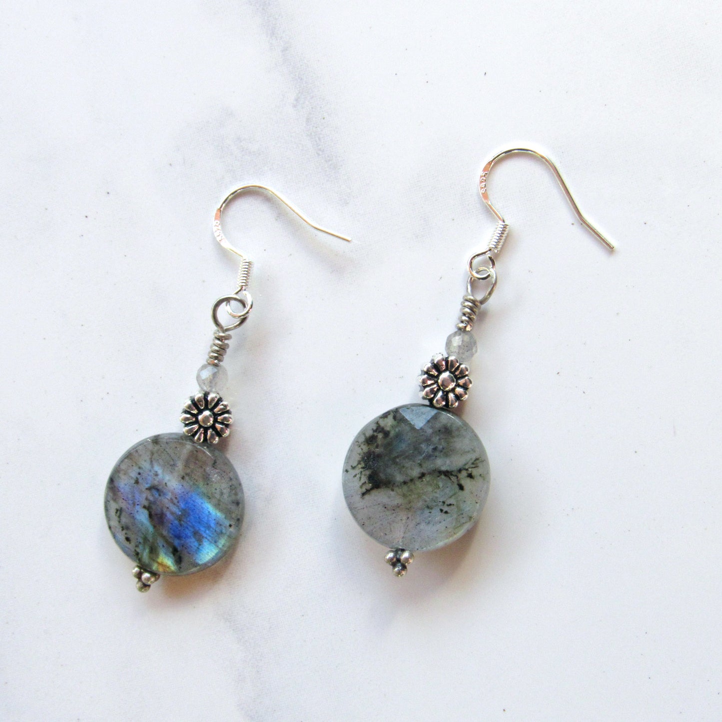 Labradorite gemstone and Sterling Silver Flower Dangle Earrings