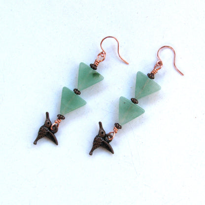 Green Aventurine gemstone  Copper Hummingbird Drop Earrings