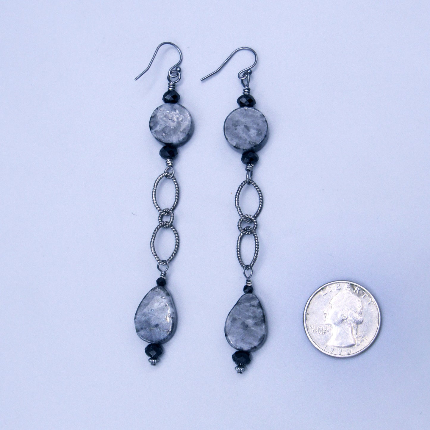 Larvikite, Black Spinel, Oxidized Sterling Silver Long Drop Earrings