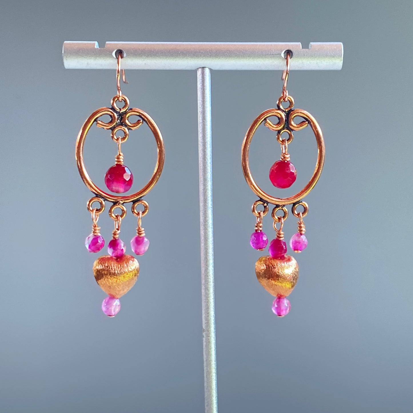 Pink agate and copper heart drop earrings