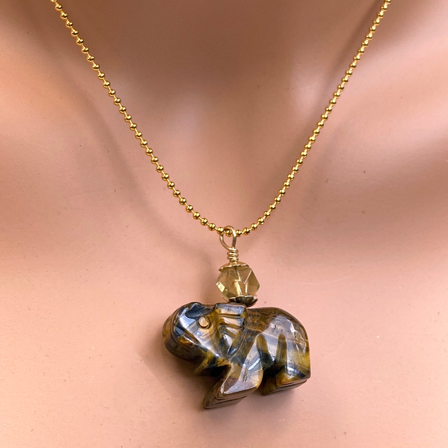 Tiger Eye gemstone Elephant with Smoky Topaz on 18 kt Gold Vermeil Chain