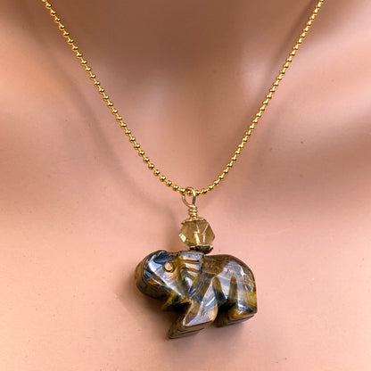 Tiger Eye gemstone Elephant with Smoky Topaz on 18 kt Gold Vermeil Chain