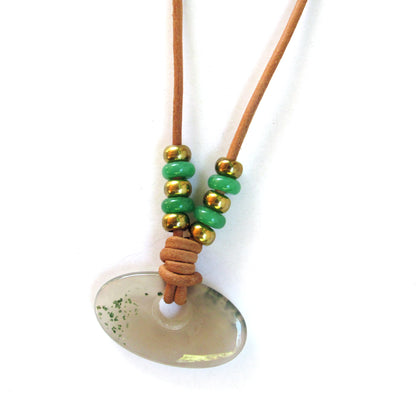 Green Agate gemstone and brass Pendant Hand knotted on Leather