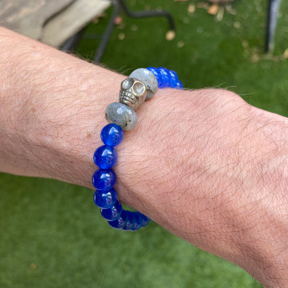 Men’s Blue onyx, pyrite skulls, and labradorite gemstone stretch bracelet