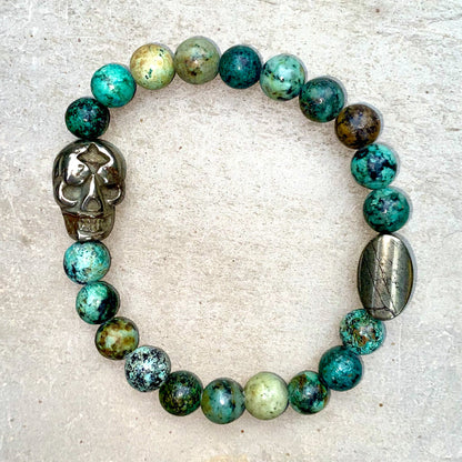 Pyrite Skulls with different Gemstones Men’s Stretch bracelet