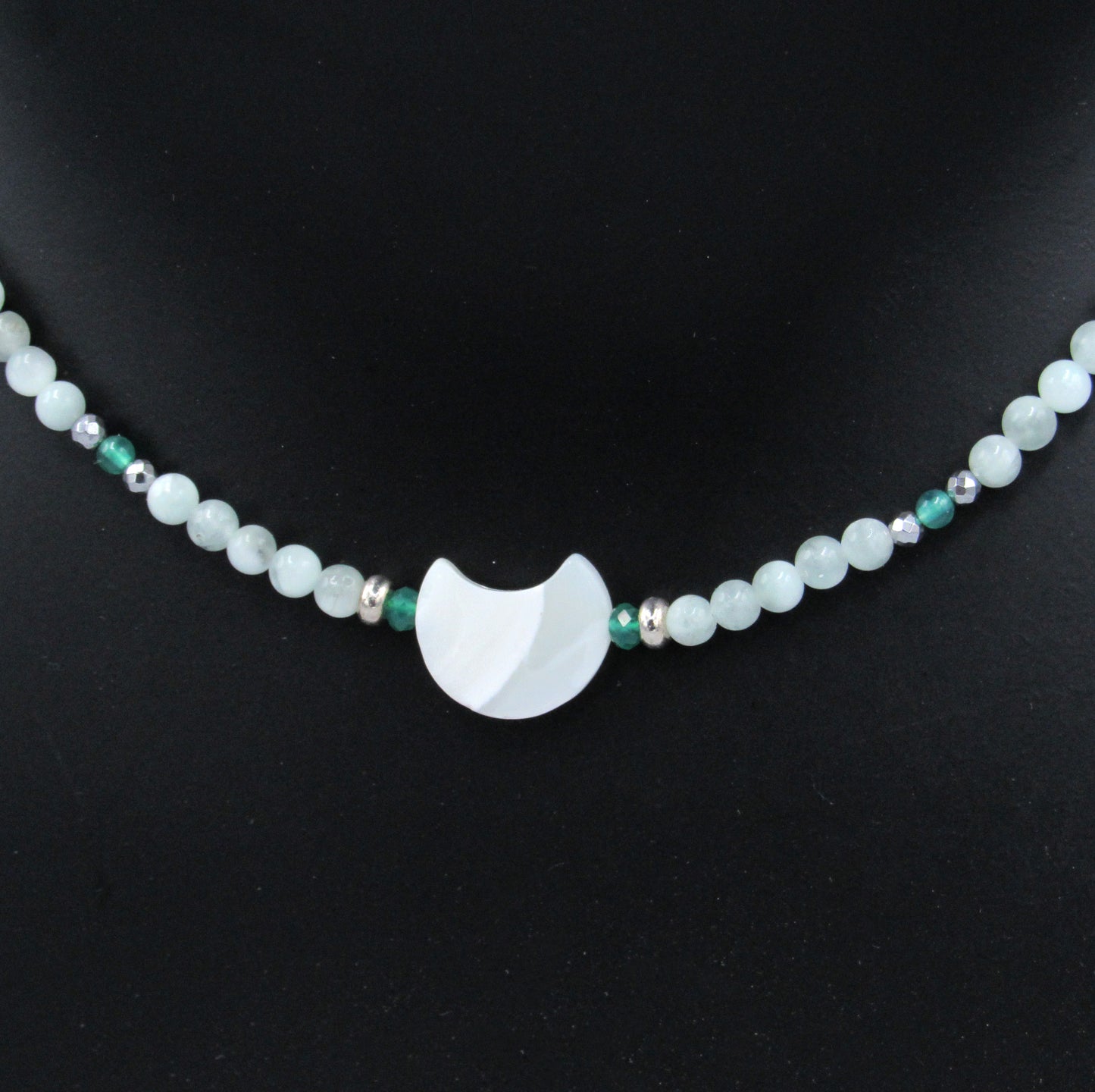 Mother of Pearl Moon Necklace w/ Green Moonstones, Green Onyx, Hematite, and Sterling Silver