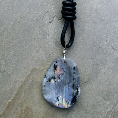 Labradorite gemstone hand Wrapped with Sterling Silver Hand Knotted on Black Leather Necklace