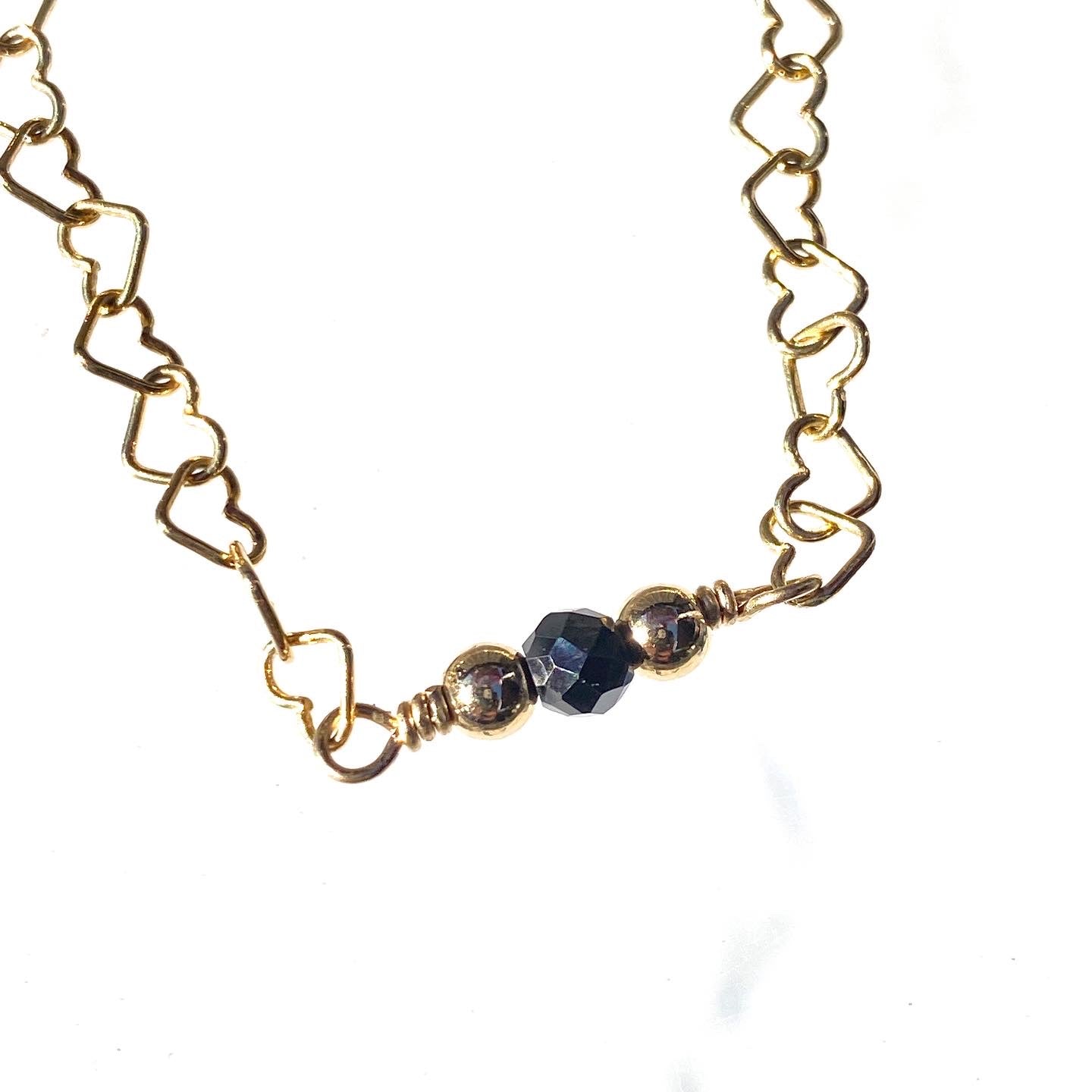 Black diamond and 14 kt gold fill heart chain bracelet