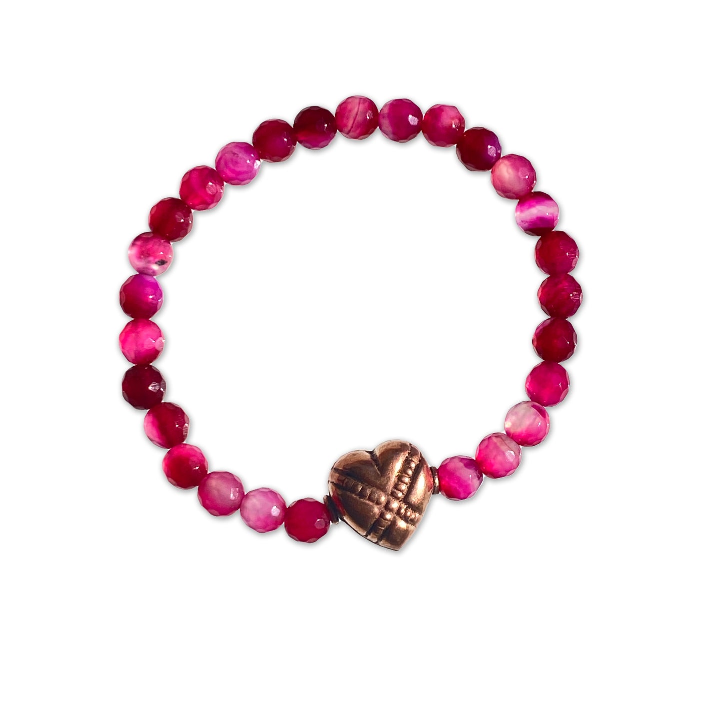 Pink agate gemstone and copper heart stretch bracelet