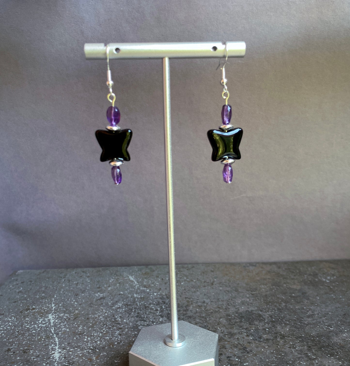 Black Obsidian Butterfly with Amethyst and Sterling Silver Drop Earrings