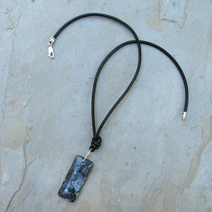 Black Labradorite (Larvikite) gemstone on Leather with Sterling Silver