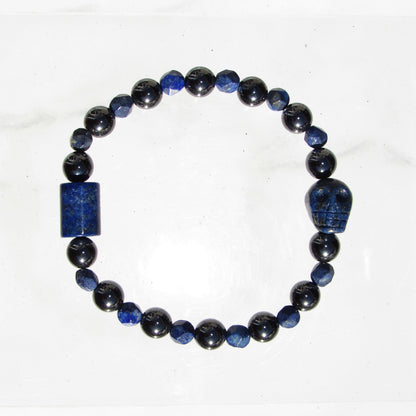 Hematite and lapis lazuli gemstone beaded bracelet