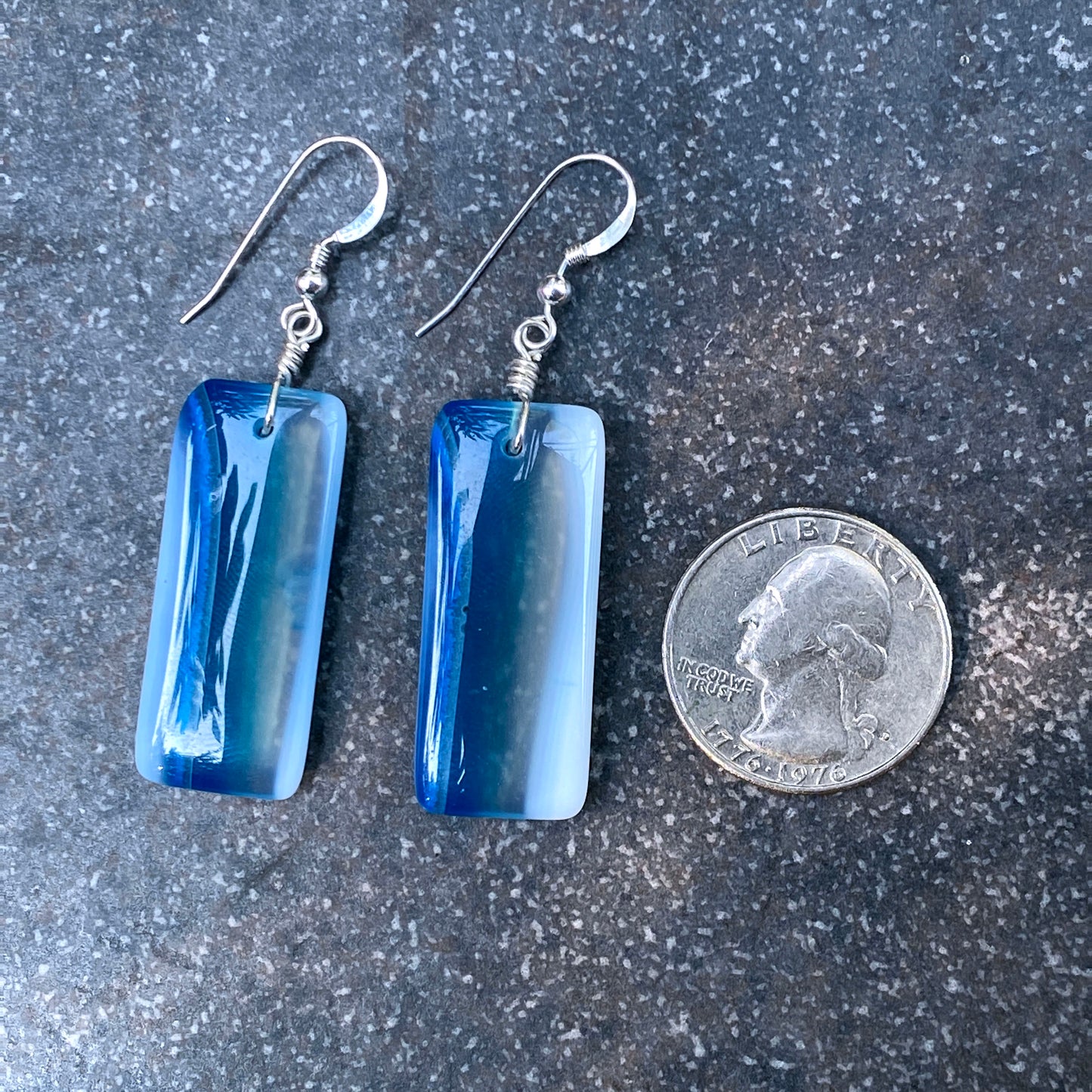 Blue Agate Gemstone Drop Earrings Wrapped with Sterling Silver