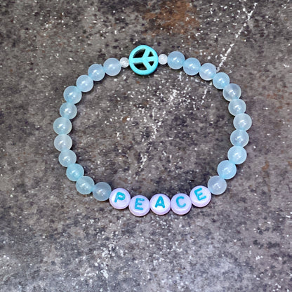 Blue Agate and Howlite Peace Sign Stretch Bracelet in Men or Women size