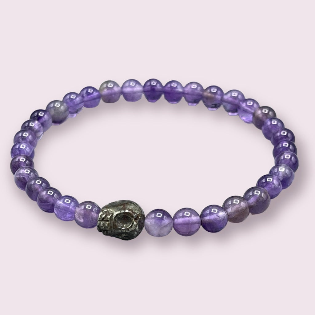 Amethyst and Pyrite Skull Bracelet