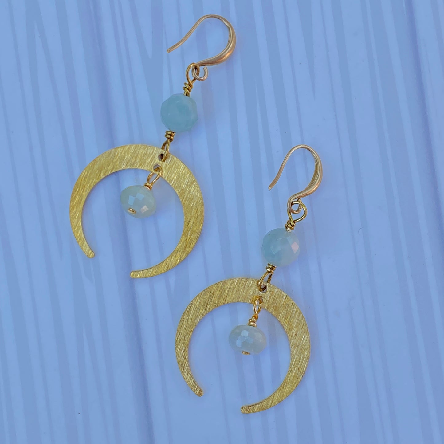 Aquamarine gemstone and brass Moon Earrings