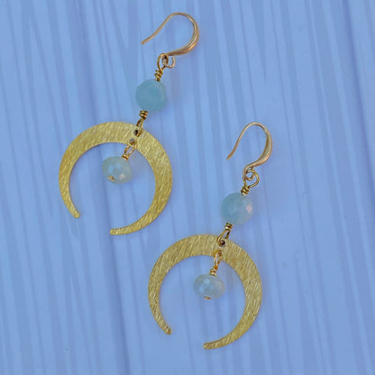 Aquamarine gemstone and brass Moon Earrings