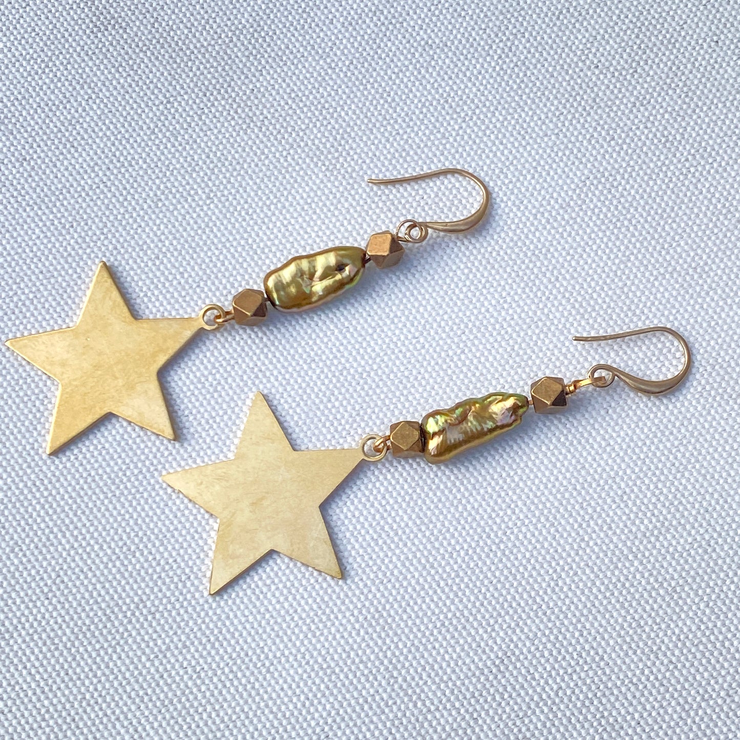 Brass Star and Green Pearl Drop Earrings