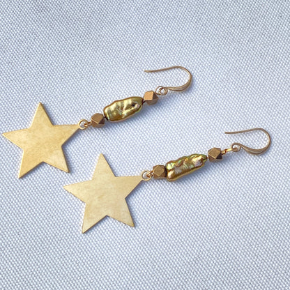 Brass Star and Green Pearl Drop Earrings