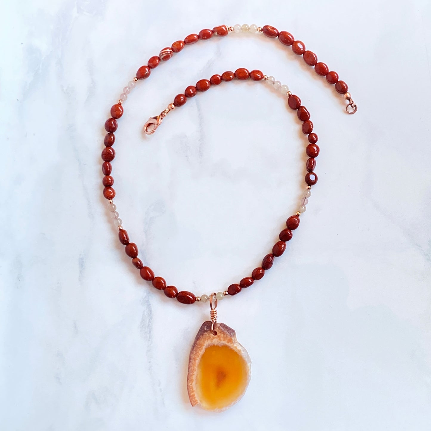 Red Agate Pendant hand Wrapped with Copper on Red Jasper, Rutilated Gold, Copper Necklace