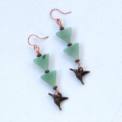 Green Aventurine gemstone  Copper Hummingbird Drop Earrings