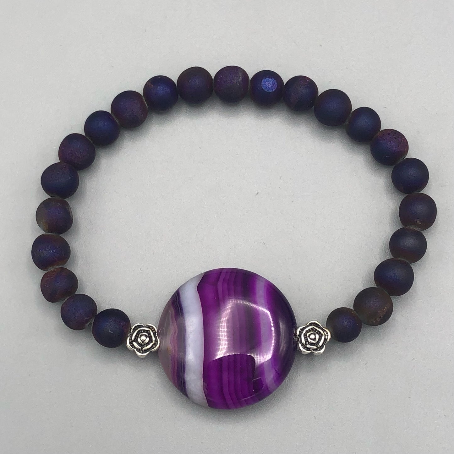 Purple Banded Agate Gemstone, Sterling Silver, Druzy Agate, women’s Stretch Bracelet