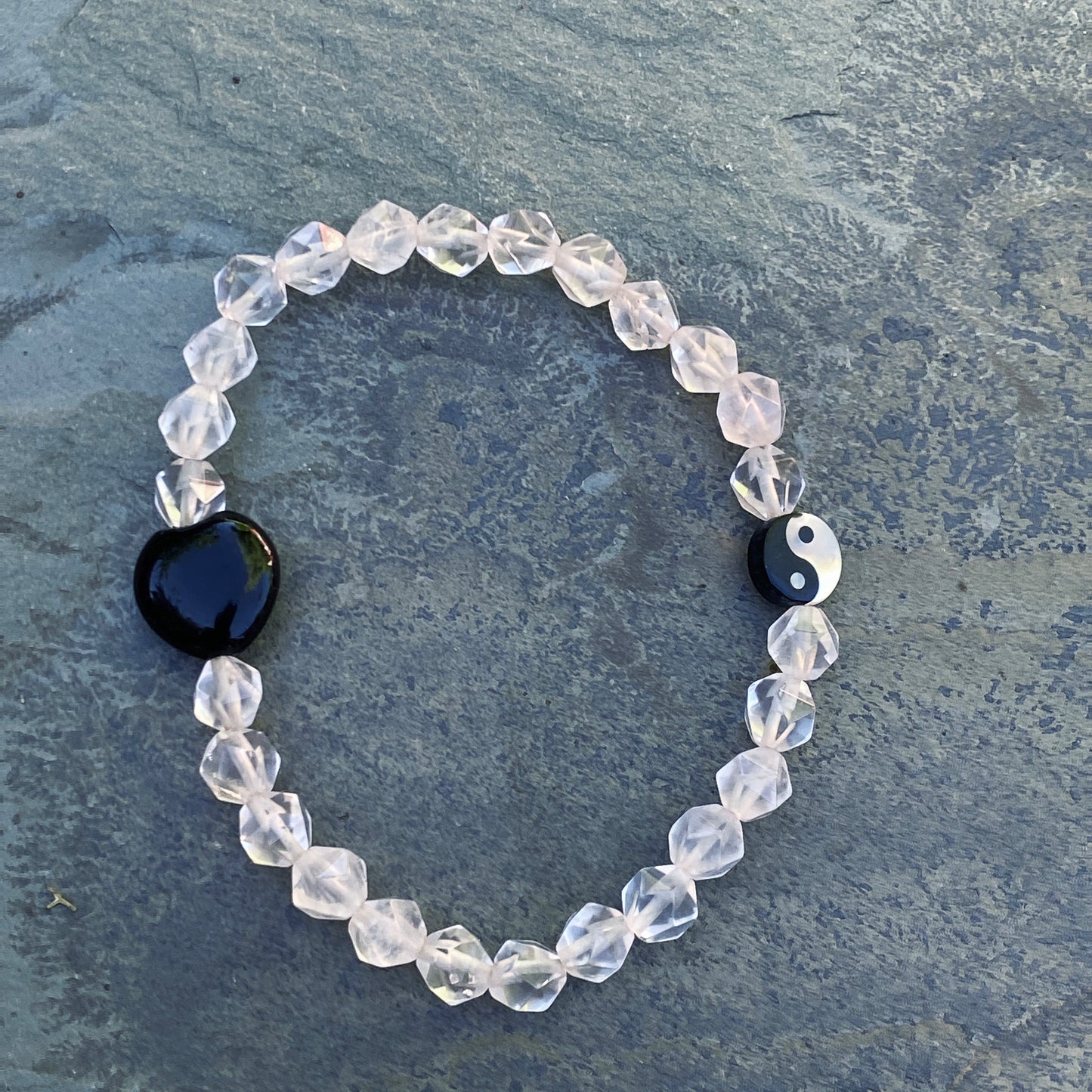 Rose quartz, Mother Of Pearl Yin Yang, Onyx heart Gemstone Stretch Bracelet