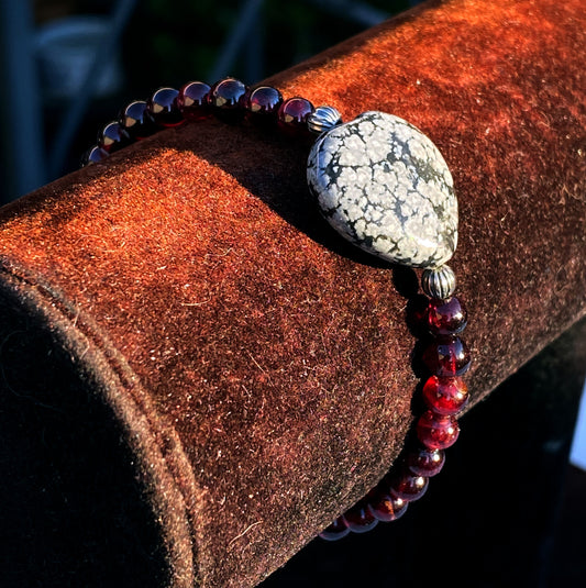 Garnet gemstones, Snowflake Obsidian Heart, and Sterling Silver Stretch Bracelet