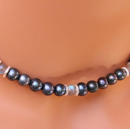 Natural Freshwater Black & Blue Pearls, Labradorite gemstones, and Sterling Silver Choker