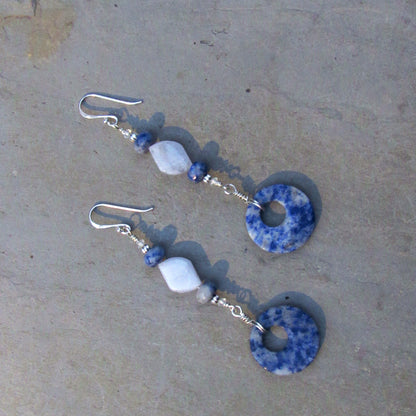 Sodalite gemstone, Blue Lace Agate, White topaz, and Sterling Silver Drop Earrings