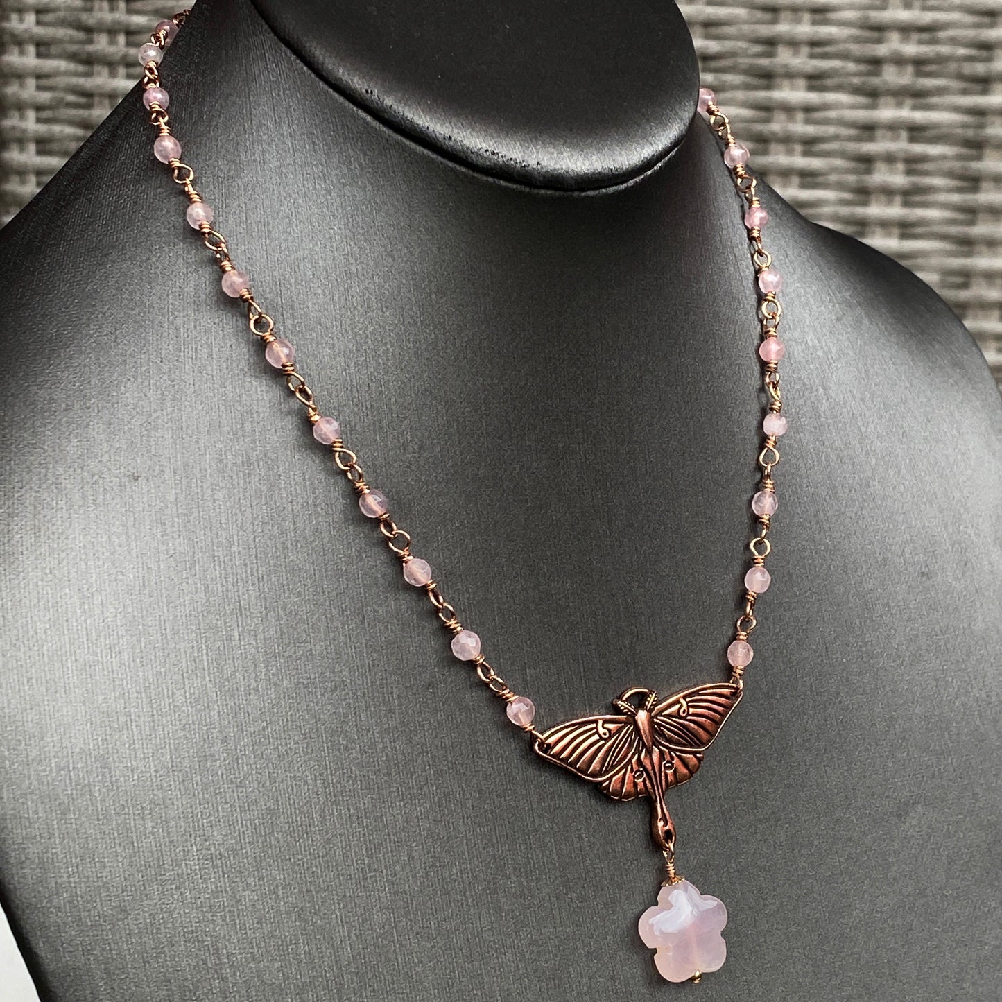 Rose Quartz gemstone with pewter and copper Lunar Moth pendant necklace