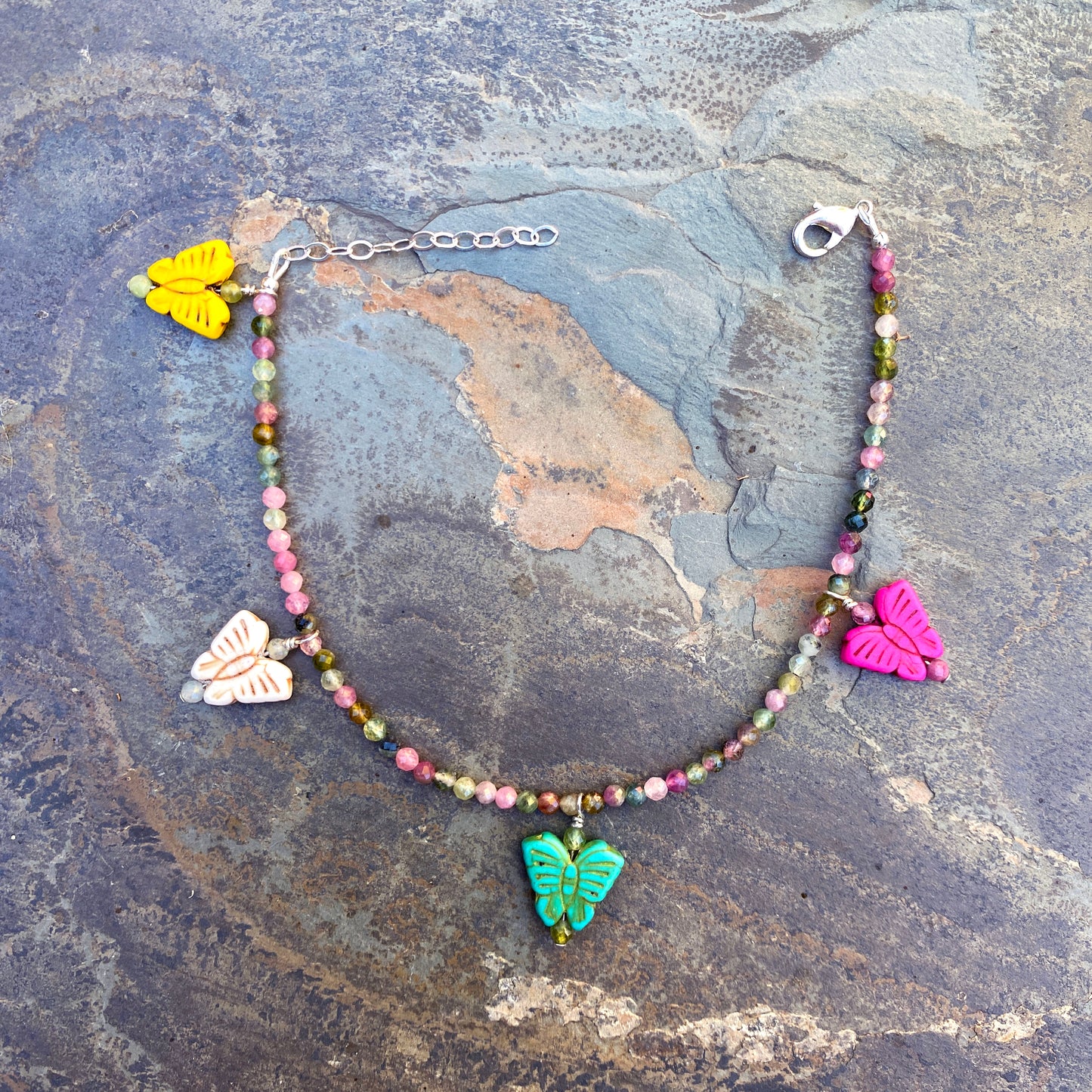 Howlite butterfly and mixed tourmaline gemstone Sterling Silver anklet