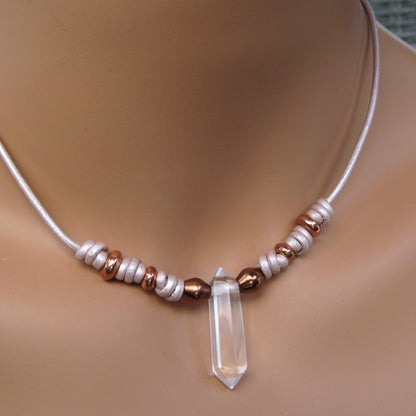 Clear Quartz gemstone and Copper on Metallic Pink Leather Necklace