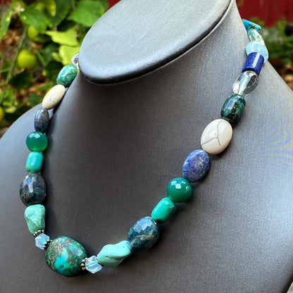 Turquoise, Topaz, Aquamarine, Flourite Gemstone chunky beaded Necklace