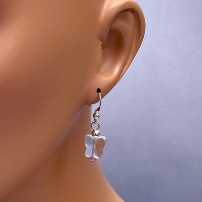 Clear Quartz Butterflies with Pink Sapphires and Sterling Silver Drop Earrings