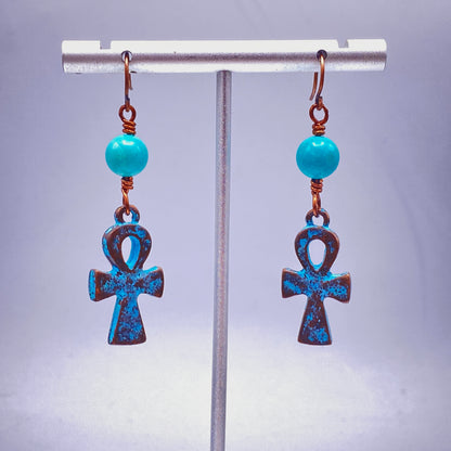 Turquoise and Copper Ankh Dangle Earrings