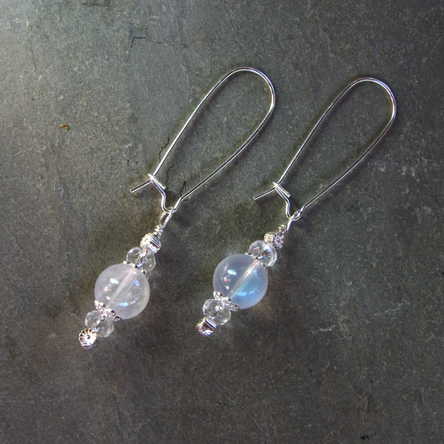 Moonstone Gemstone, Quartz, and Sterling Silver Earrings